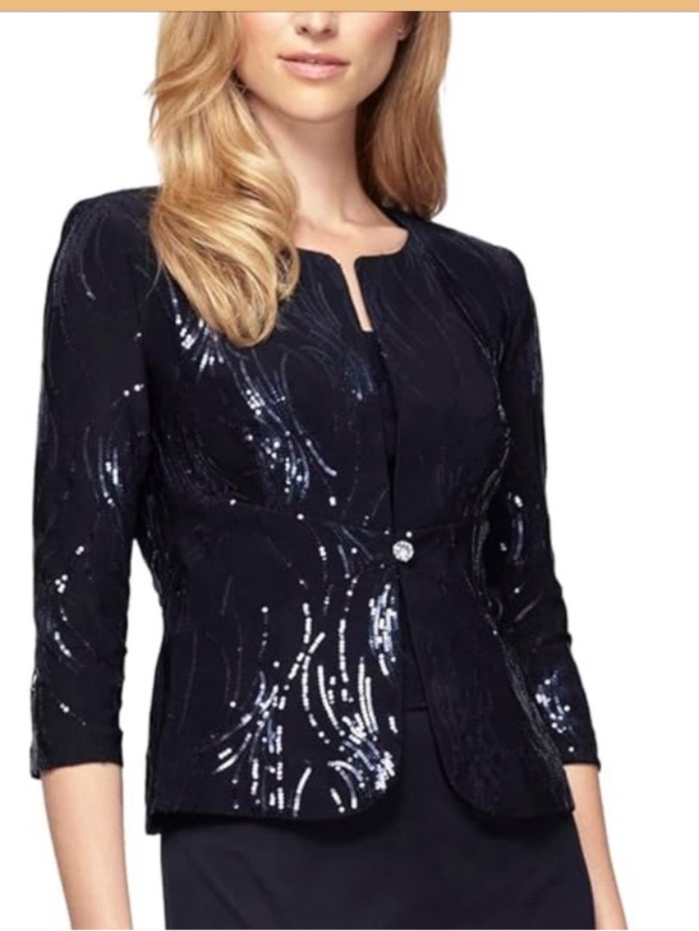 Alex Evenings Navy Sequin Single-Button Evening Blazer 8P. 599/bb12-1:v